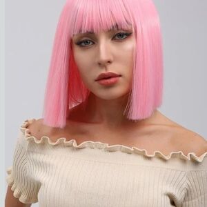 NEW Pink Straight Bob Wig With Bangs - 12 inch Synthetic